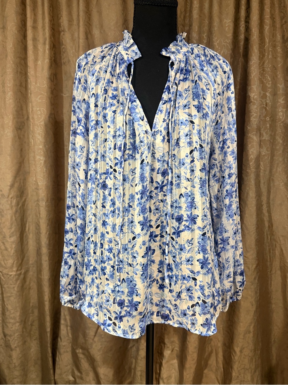 H&M White Blouse with Blue Floral Pintuck Detail